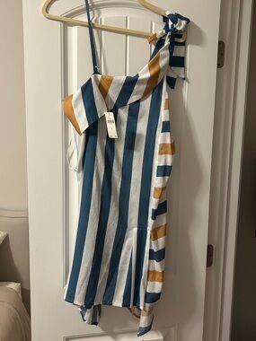 NWT Anthropologie Asymmetrical One-Shoulder Stripe Dress in Blue, White & Yellow